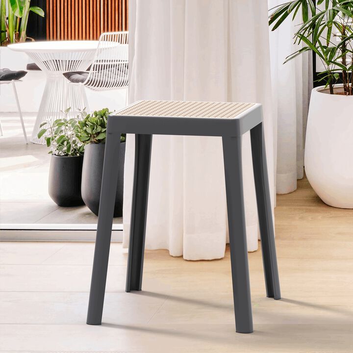 LeisureMod Tresse Stackable Square Dining Stool with Wicker Top, Lightweight Durable Design for Kitchen, Garden, Balcony, Cafe, Deck, or Terrace Use