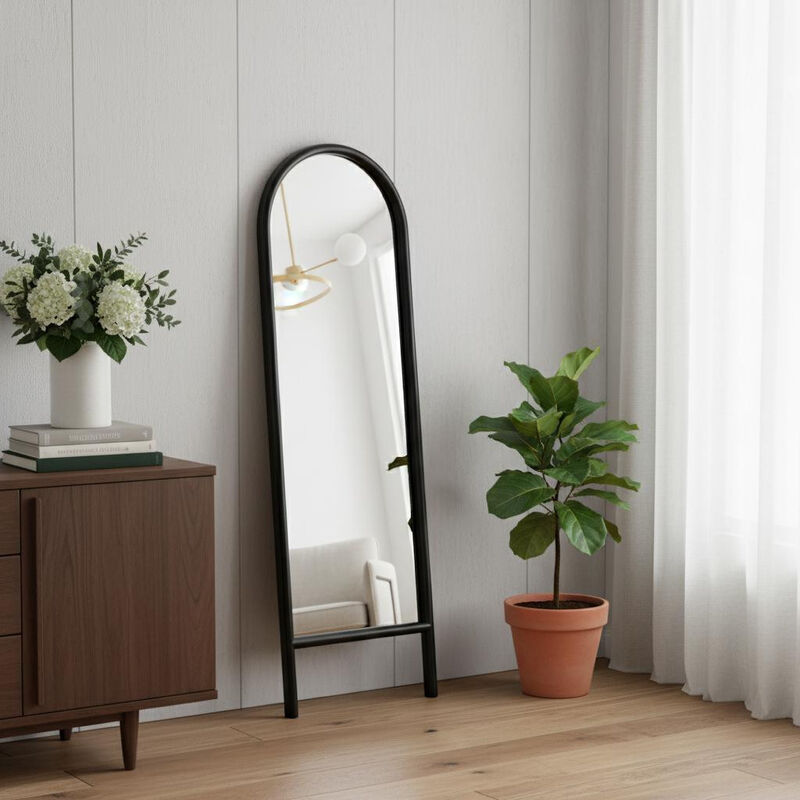 HomeRoots 64" Black Solid Wood Arch Leaning Ladder Framed Full Length Mirror image number 1