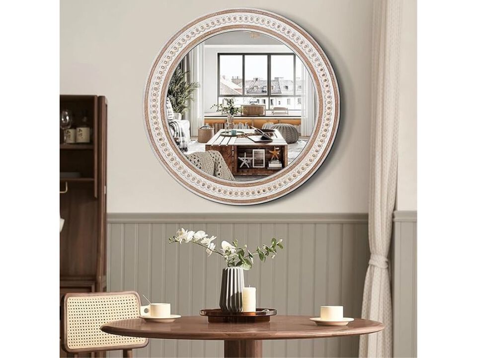 24" Rustic Round Wall Mirror – Wooden Farmhouse Accent for Any Room