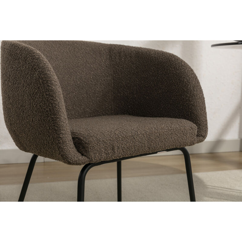 Set of 1 Boucle Fabric Dining Chair With Black Metal Legs, Dark Brown