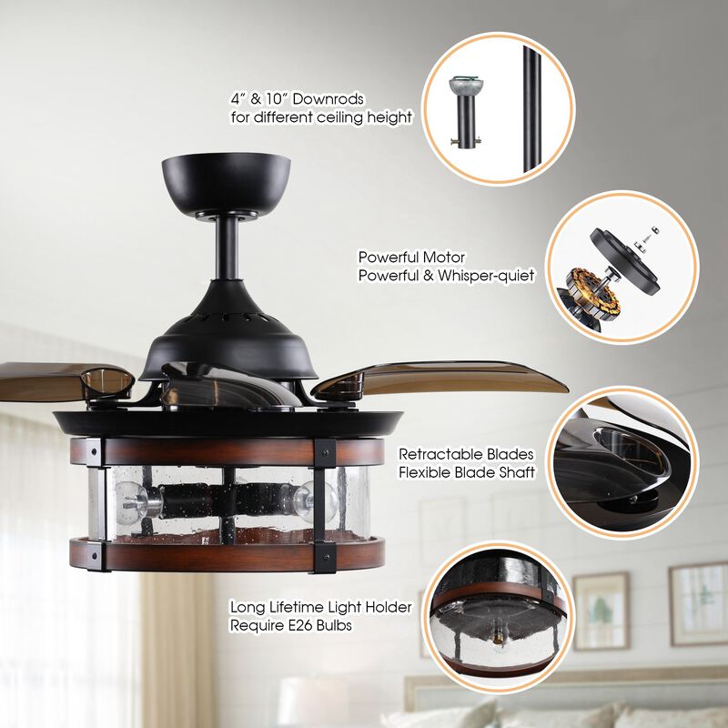 36 in. Industrial Retractable 3 Blades Ceiling Fan Chandelier with Remote