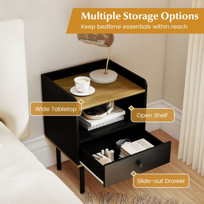 Set of 2 Bedside Nightstand with Storage Drawer and Open Shelf for Bedroom-Black image number 6