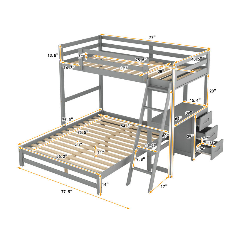 Whisen Morden Design Twin over Full Bunk Bed with Built-in Desk and Three Drawers image number 2