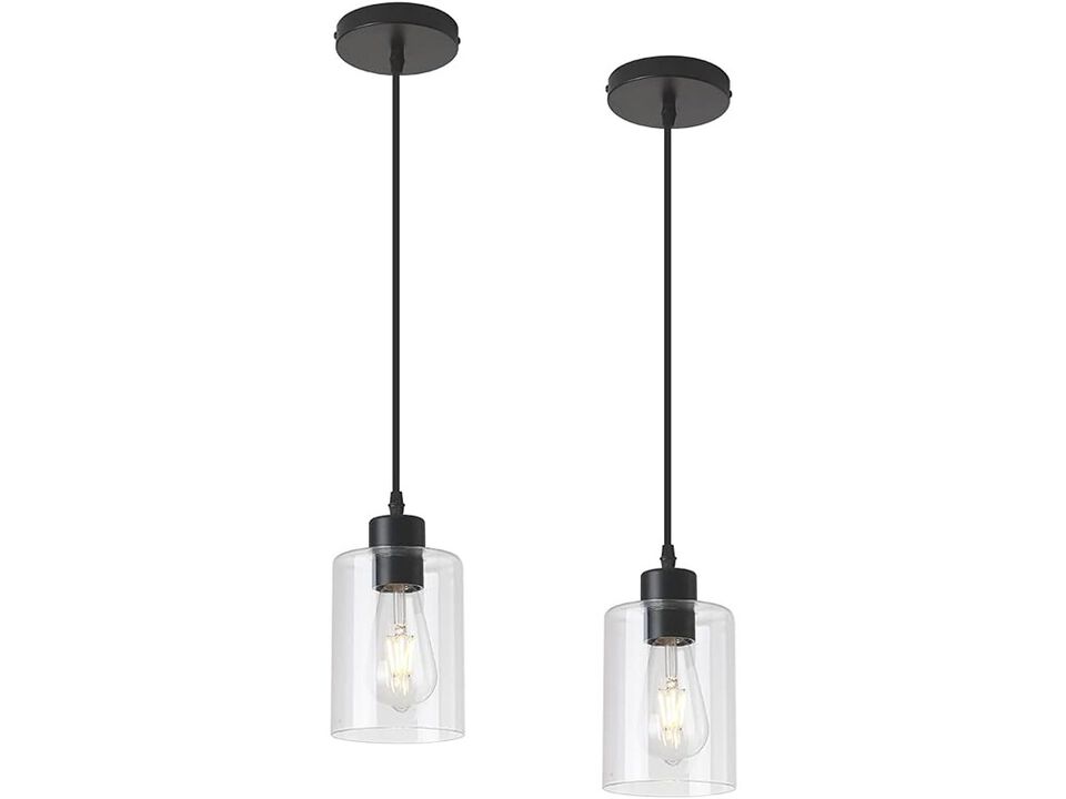 Modern Black Farmhouse Clear Glass Cylinder Pendant Light Fixture 2 Pack