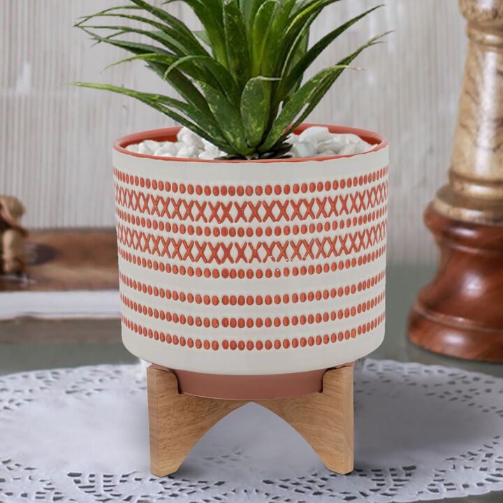 Round Shaped Ceramic Planter with Aztech Pattern, Red-Benzara