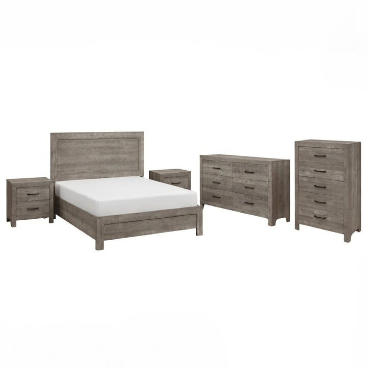 Queen Size Bedroom Set, Gray Finish, Panel Headboard, 5-Piece Set with Bed, 2 Nightstands, Dresser and Chest