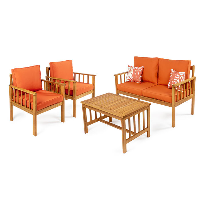 Everly 4-Piece Modern Cottage Acacia Wood Outdoor Patio Set with Cushions and Tropical Decorative Pillows, Beige/Teak Brown
