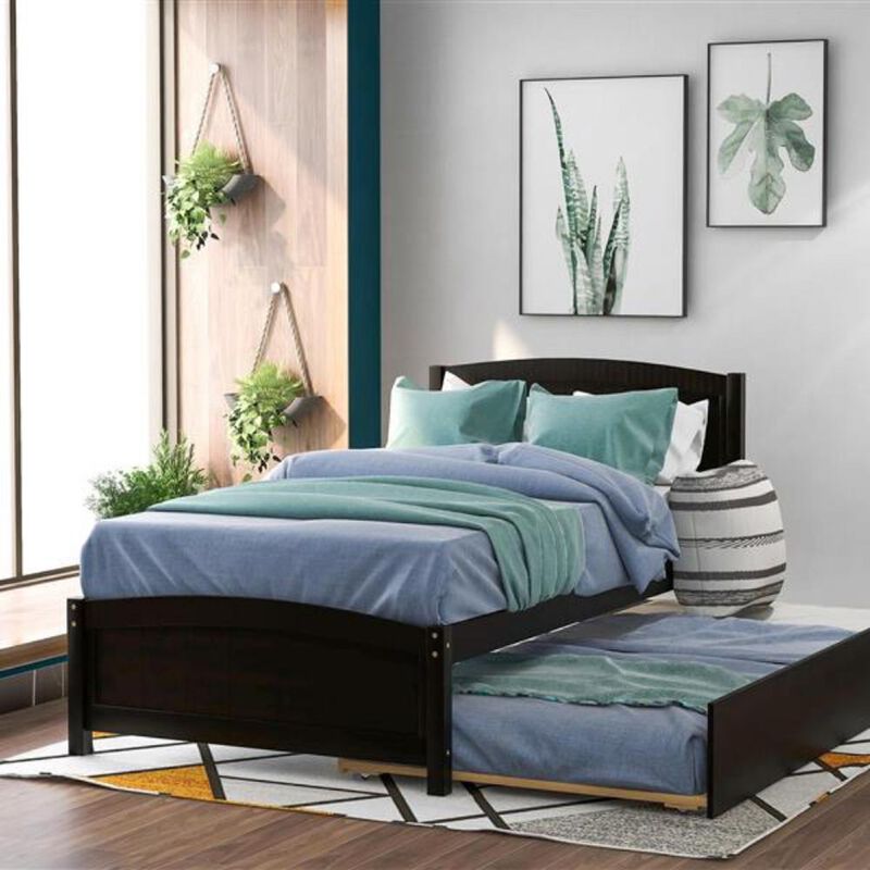 Platform Bed with Trundle Space-Saving Wooden Bed Frame for Kids, Teens & Adults