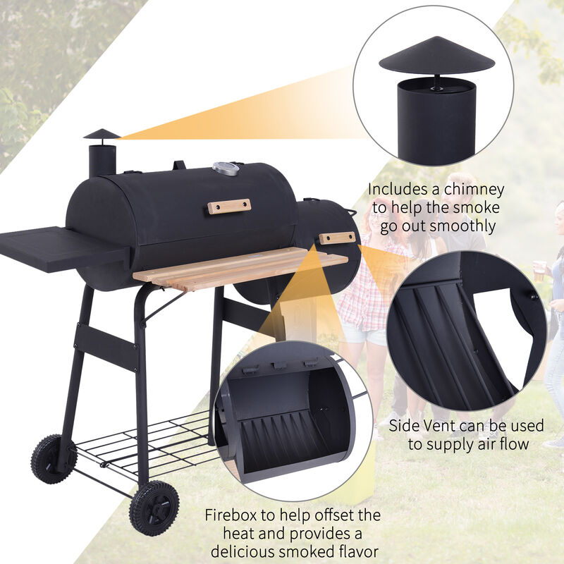 Outsunny 48" Steel Portable Backyard Charcoal BBQ Grill and Offset Smoker Combo with Wheels