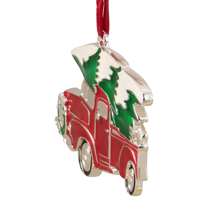 3.5" Red and Silver Country Pick Up Truck with European Crystals Christmas Ornament image number 2
