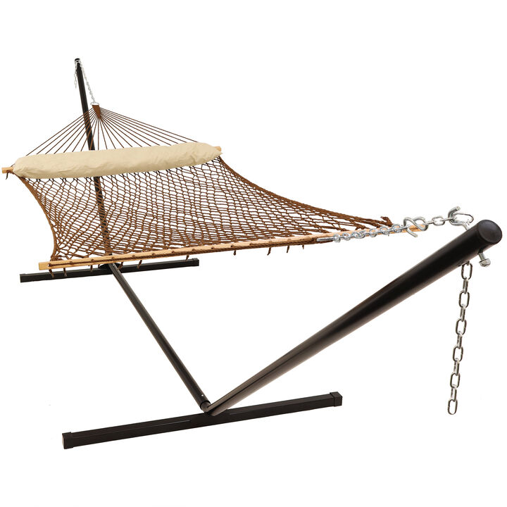 Sunnydaze 2-Person Polyester Rope Hammock with Steel Stand - Brown