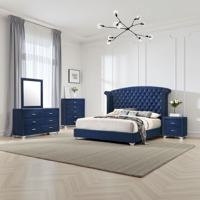 Giya 5pc King Bedroom Set, Classic Tufted Dark Blue Velvet Upholstery