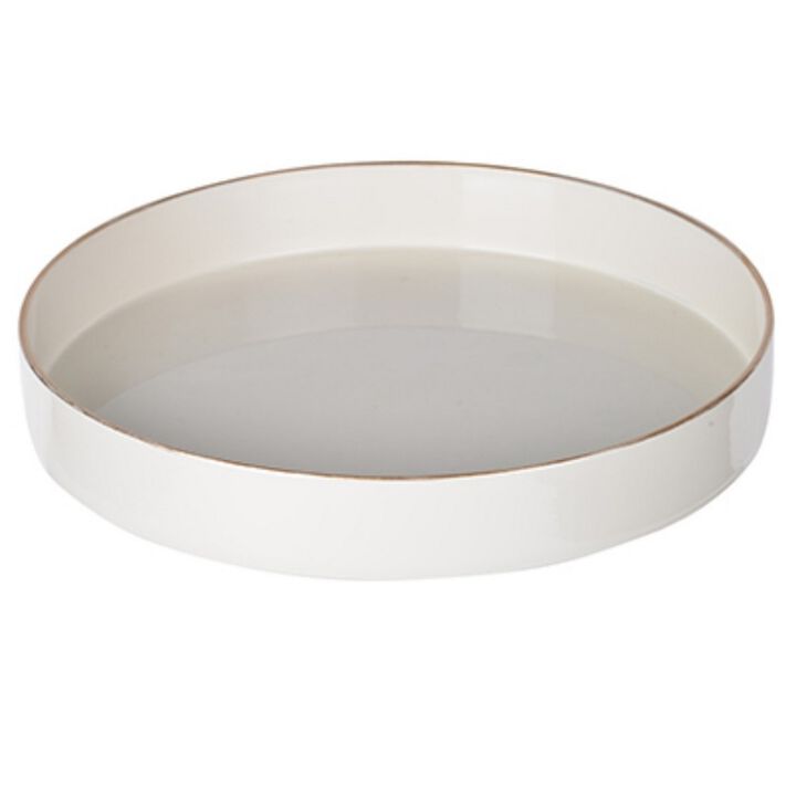 Round Plastic Tray, Gold Accented Trims, Glossy White-Benzara