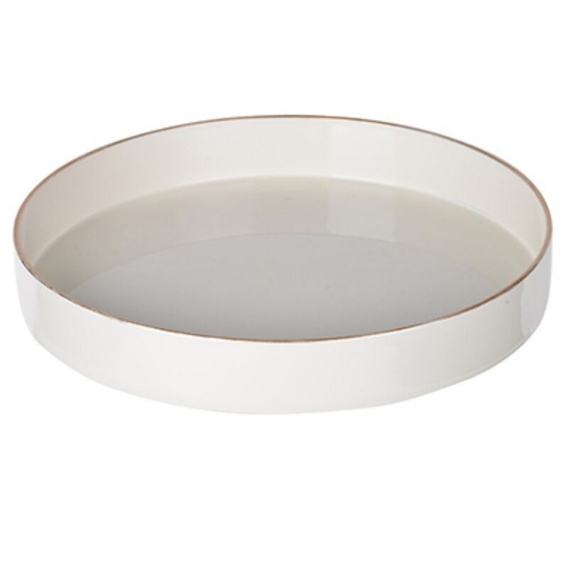 Round Plastic Tray, Gold Accented Trims, Glossy White-Benzara