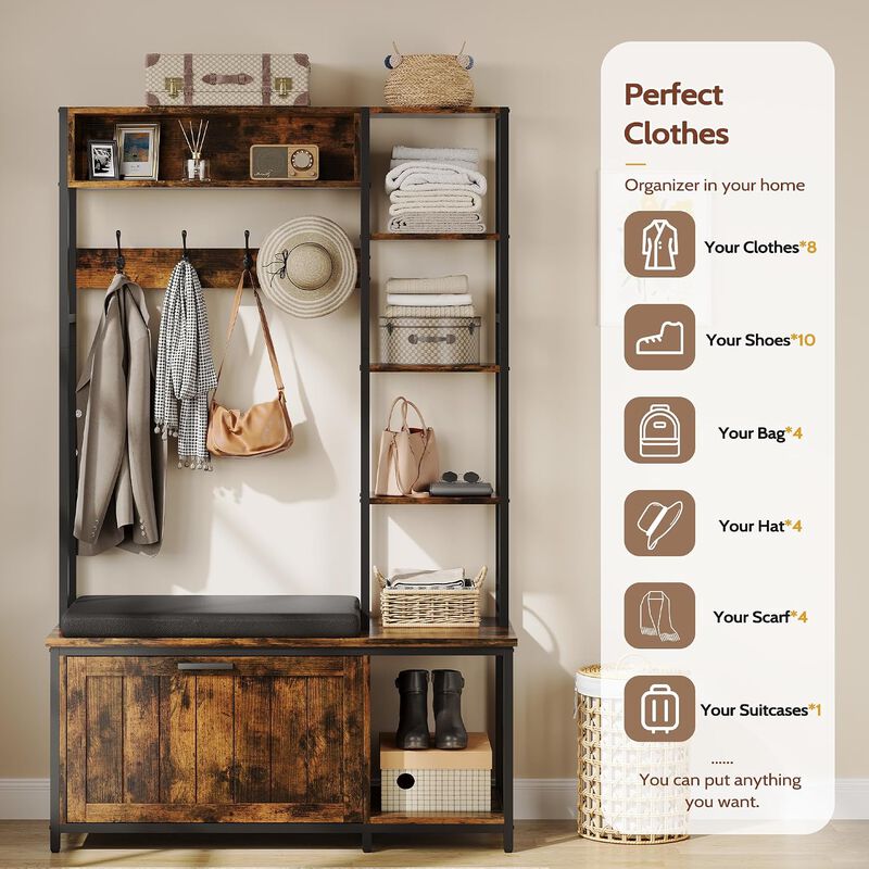 Hall Tree with Bench and Shoe Storage, 39.4" Entryway Bench with Coat Rack freestanding, Wall Rack 4 Hooks and Shelves, 39.37" x 15.74&ldquo; x 69.69" image number 3