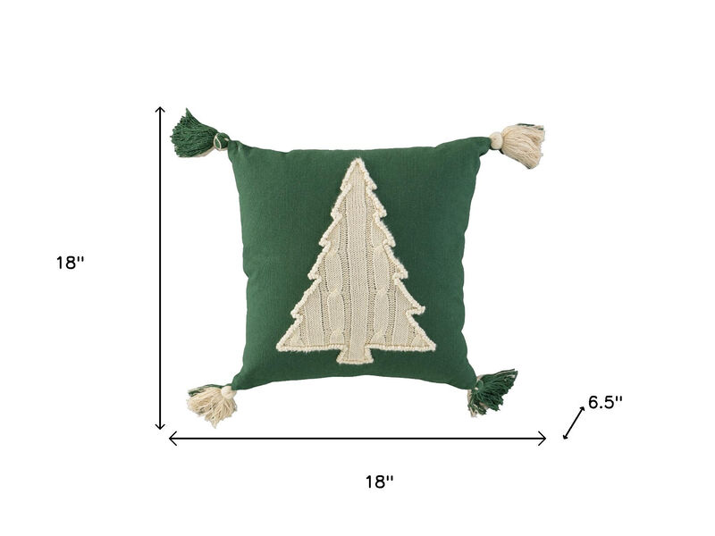 HomeRoots 18" Green And Ivory Cotton Christmas Tree Throw Pillow with Tassels image number 4