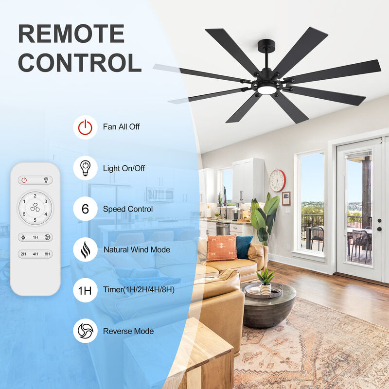 Breezary 72" Ceiling Fan with Light and Remote Control, 8 Blade, 6 Speed image number 3
