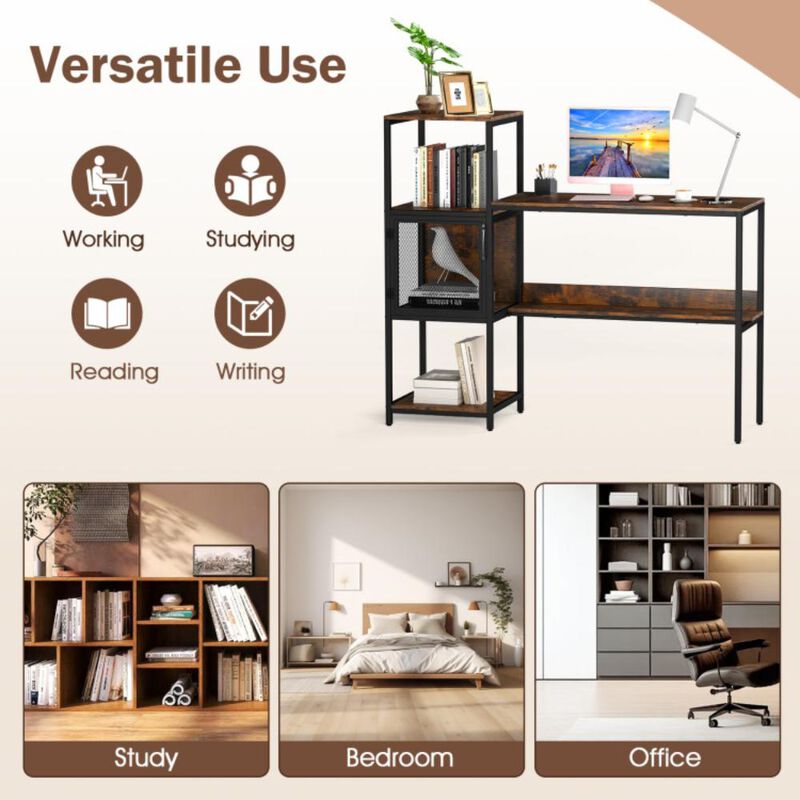 Hivvago Computer Desk with Bookshelf Home Office Desk with Storage Cabinet and Shelves-Rustic Brown