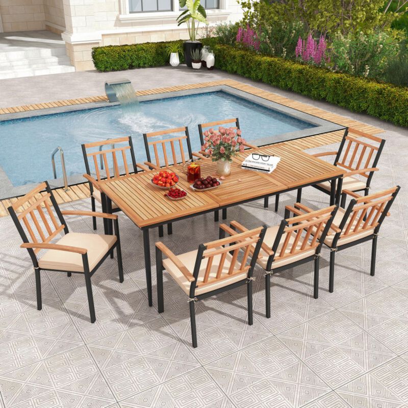 Mondawe 9Pcs Outdoor Patio Dining Set,79" Acacia Table With Umbrella Hole & 8 Weatherproof Armchairs