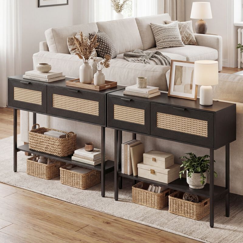 Rattan Entryway Console Table with Storage Cabinets Shelf and Metal Frame image number 6
