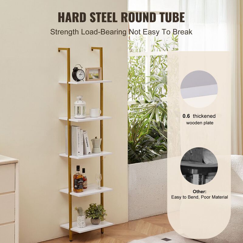 5 Tier Ladder Shelf, Wall Mounted Bookshelf with Metal Frame Storage Rack image number 5