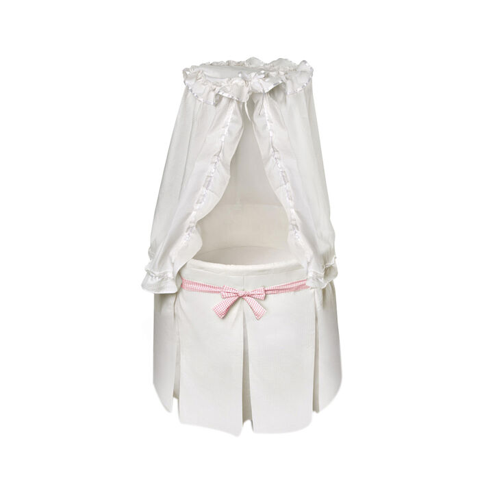 Badger Basket Co. Empress Round Baby Bassinet - White Bedding with Gingham Belts