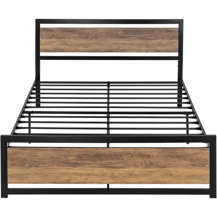 Hivvago Queen Metal Platform Bed Frame with Brown Wood Panel Headboard and Footboard