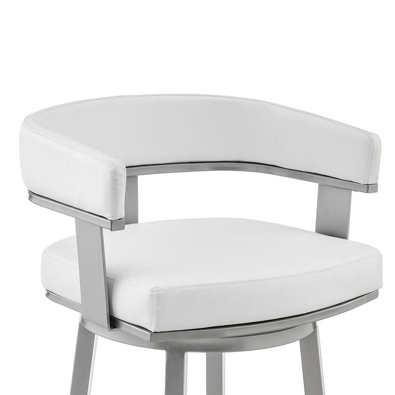 Cohen Bar Height Swivel Bar Stool in Silver Finish with White Faux Leather