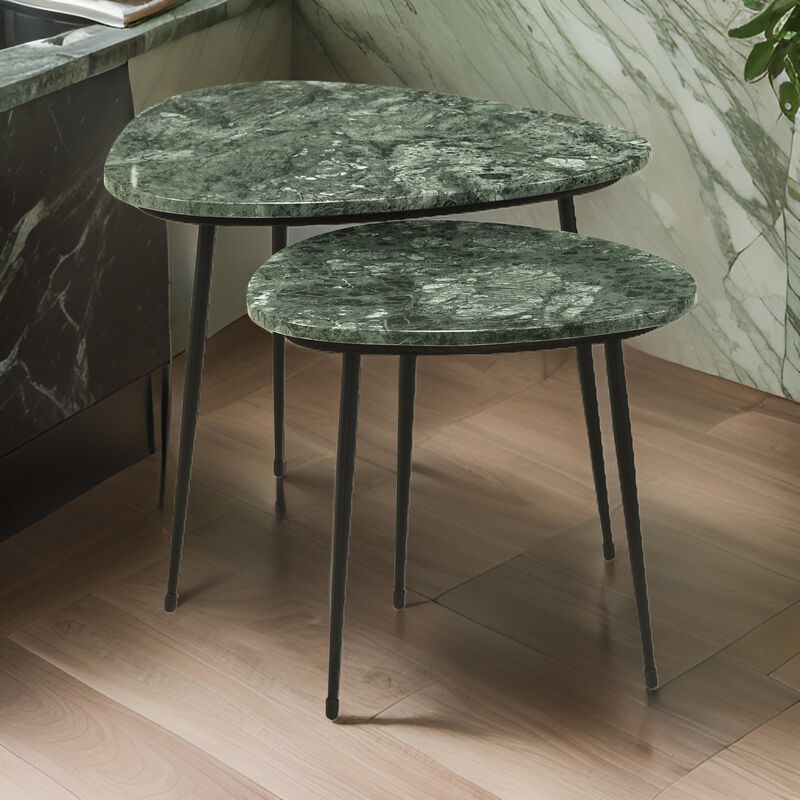 2 Piece Nesting Accent Table Set, Triangular Marble Top, Green, Black