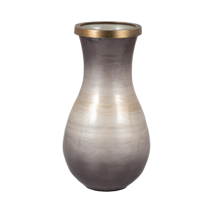 Glass, 13" Vase With Metal Rim