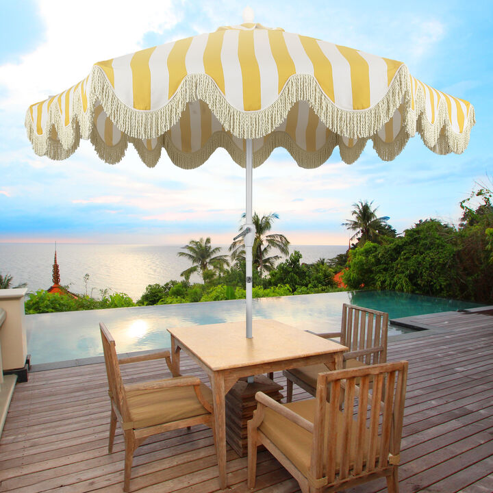 Collins Classic Cottage Tassel Market Patio Umbrella with Auto-Tilt, Crank, Wind Vent and UV Protection