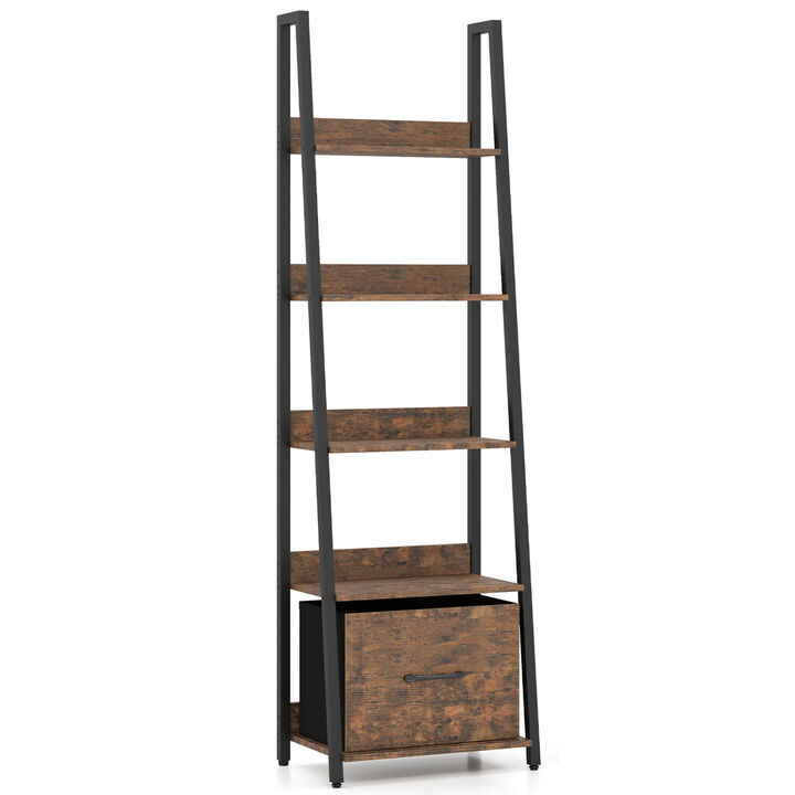 Modern 5-Tier Ladder Bookshelf with Fabric Storage Drawer