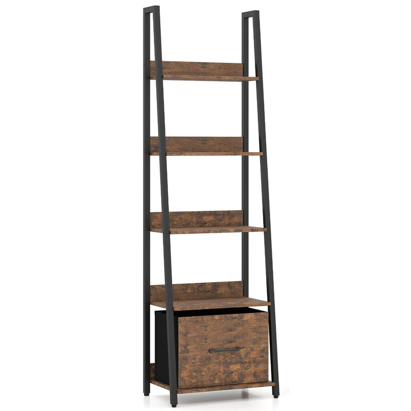 Modern 5-Tier Ladder Bookshelf with Fabric Storage Drawer image number 0