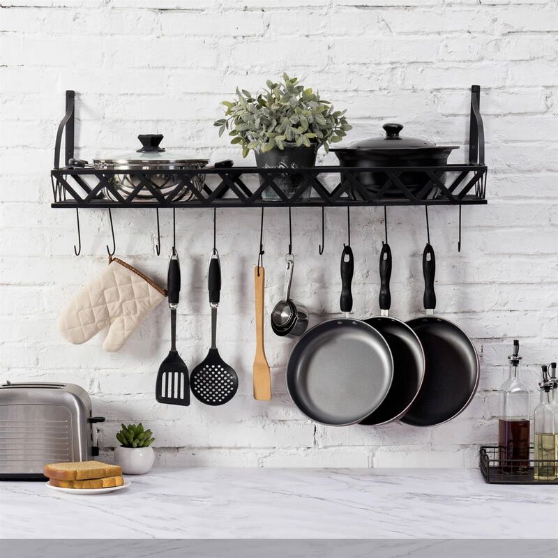 Modern Metal Wall Mounted Pot Rack Rectangular Hanging Storage with 12 Hooks for Pots & Pans