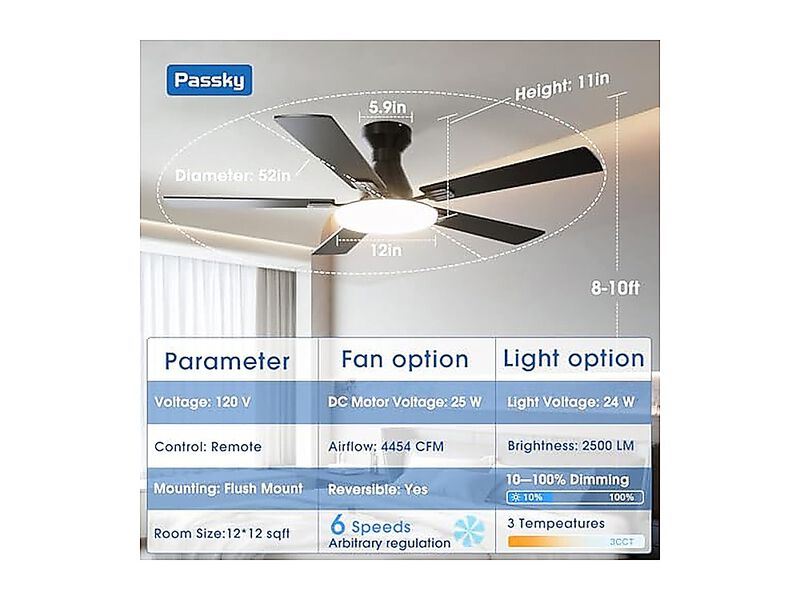 Ceiling Fans Lights 52 Inch Flush Mount Fan Remote Control Low Profile Bedroom image number 2