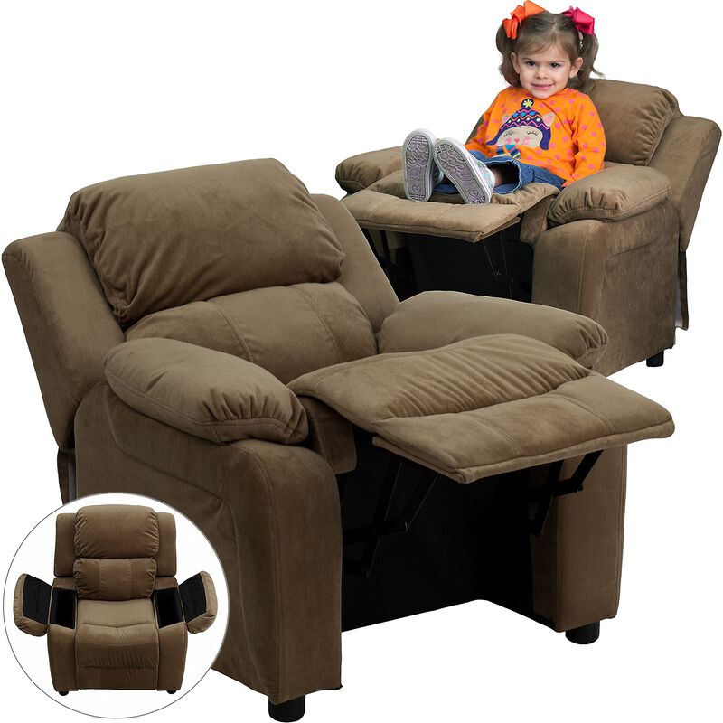 Flash Furniture Charlie Microfiber Kids Recliner with Flip-Up Storage Arms and Safety Recline, Contemporary Reclining Chair for Kids, Supports up to 90 lbs., Brown