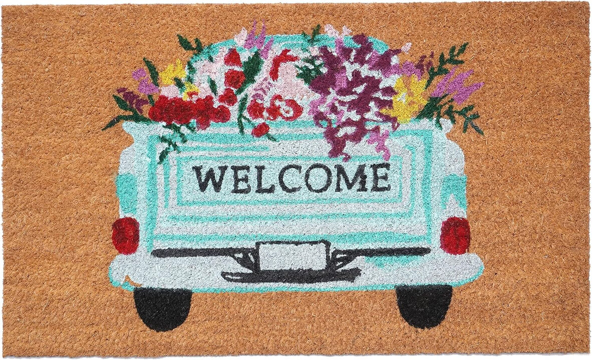 HomeRoots 17" X 29" Brown Aqua And Red Floral Welcome Outdoor Coir Door Mat