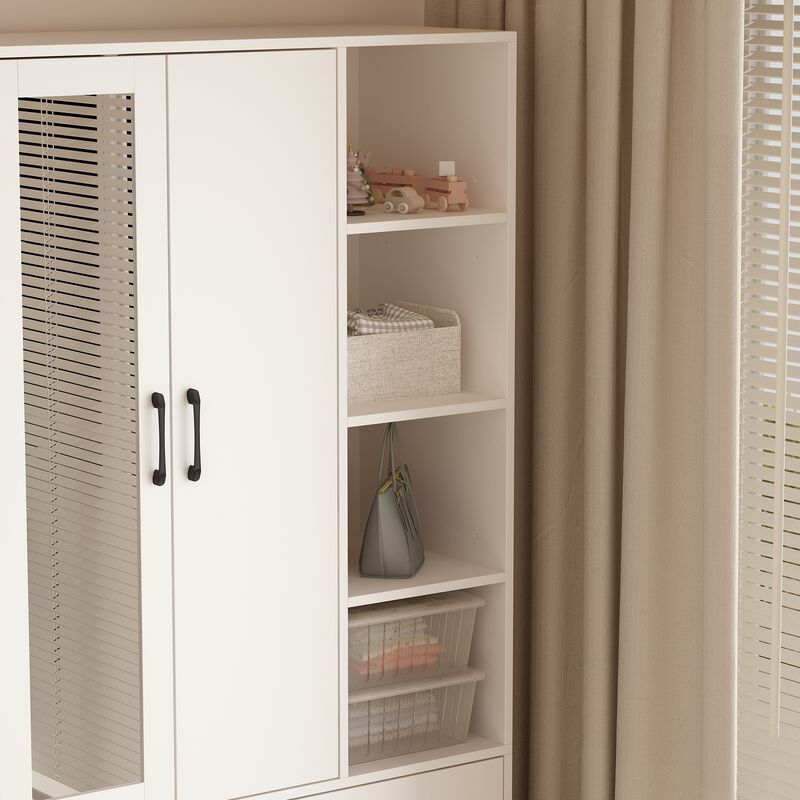 White Wood 35.5 in. W Armoires Wardrobe With Mirror, Pulling Hanging Rod, Drawers, Shelves 15.8 in. D x 70.8 in. H
