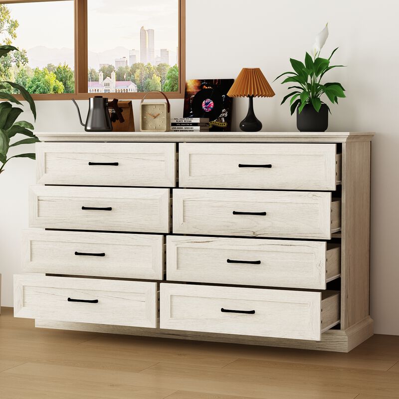 FUFU&GAGA 8-Drawer Dresser, Wide Wooden Storage Chest with Metal Handles, Large Capacity Organizer for Bedroom， (54.6" W x 33.1" H x 15.7" D),Rustic White