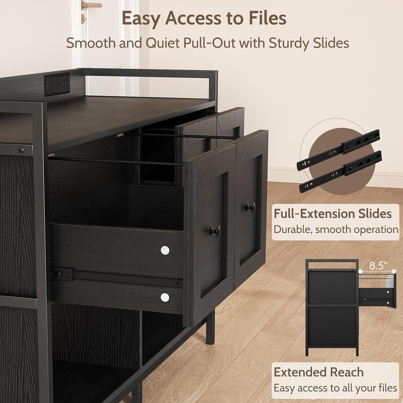 File Cabinet with Bookshelf Organizer, 43"W Wood File Cabinet with Power Outlet, 2 Drawers, 2 Open Storage Shelves, File Storage Fits Legal/A4 Size image number 6