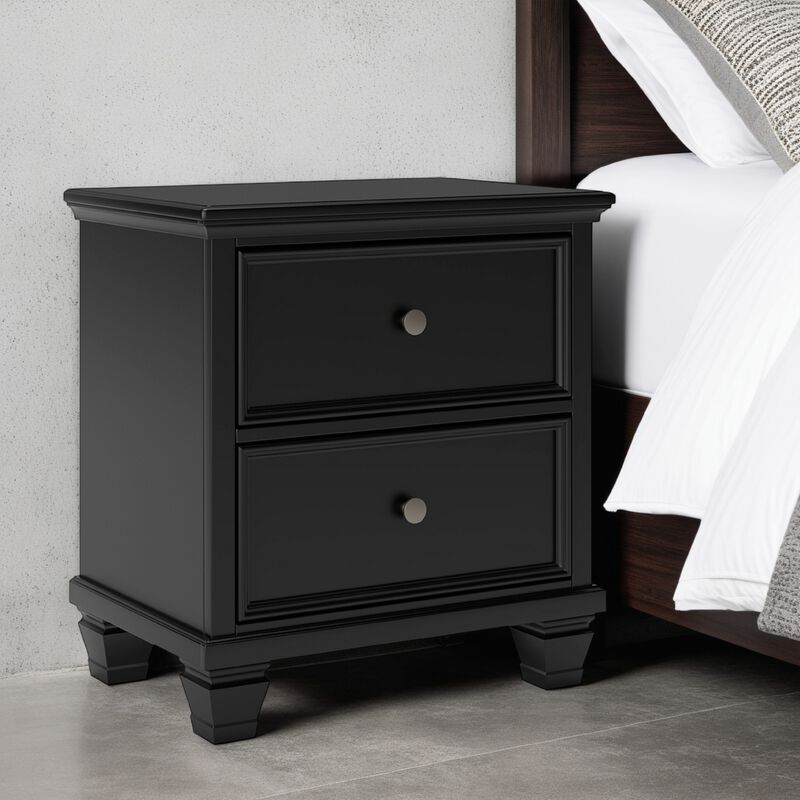Lemo Nightstand, 2 Wide Drawers, Nickel Round Knobs, Black Solid Wood - Benzara