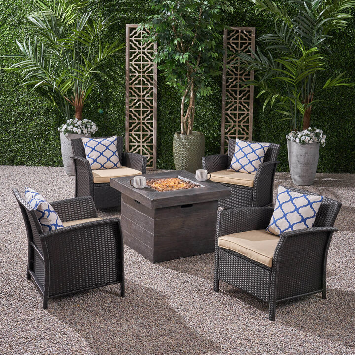 Christopher Knight Home Elise Outdoor Wicker 5 Piece Club Chair and Fire Pit Set with Cushion