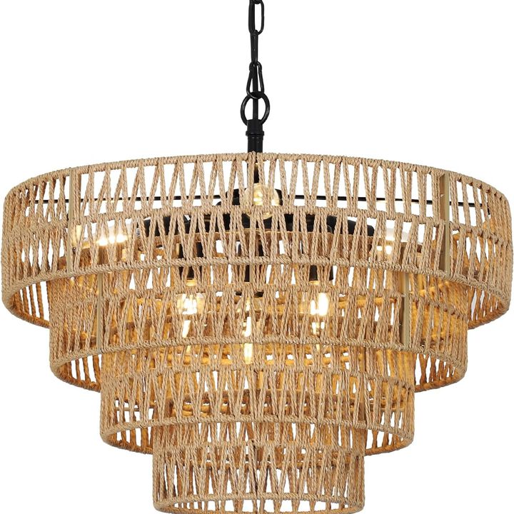 ELEMENT ACE 6-Light Boho Rattan Chandelier with 4-Tier Hand-Woven Wicker Lampshade, Adjustable Pendant Light Fixture for Dining Room, Bedroom, Kitchen, Living Room