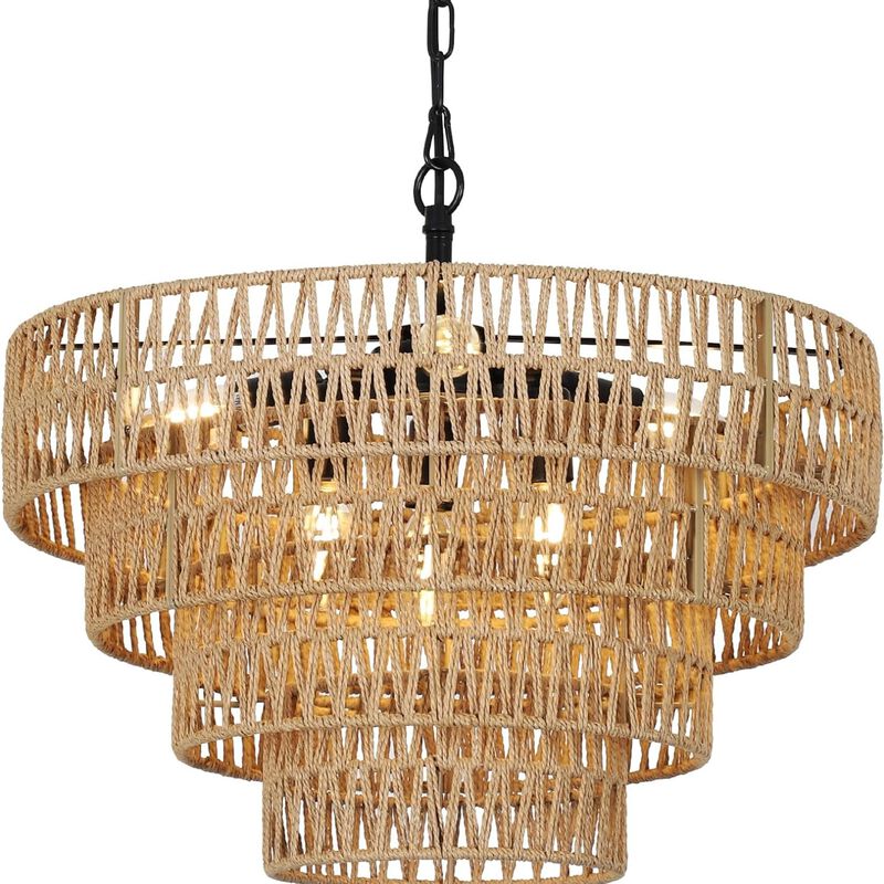 ELEMENT ACE 6-Light Boho Rattan Chandelier with 4-Tier Hand-Woven Wicker Lampshade, Adjustable Pendant Light Fixture for Dining Room, Bedroom, Kitchen, Living Room image number 0