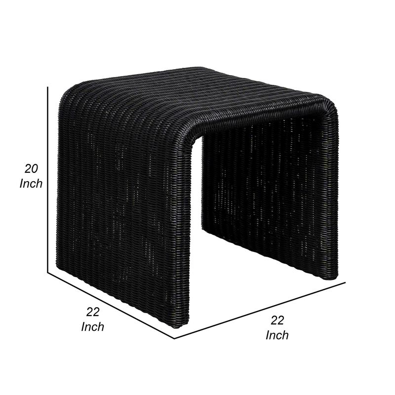 Gigi 22 Inch Side End Table, Black Woven Rattan, Square Waterfall Edges