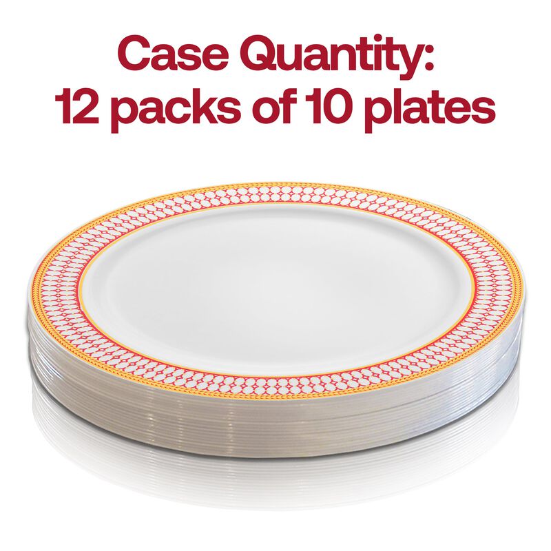 10.25" White with Red and Gold Chord Rim Plastic Dinner Plates (120 Plates) image number 3