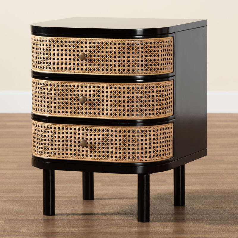 Bali & Pari Nabila Modern Black Bayur Wood and Natural Rattan 3-Drawer End Table Nightstand