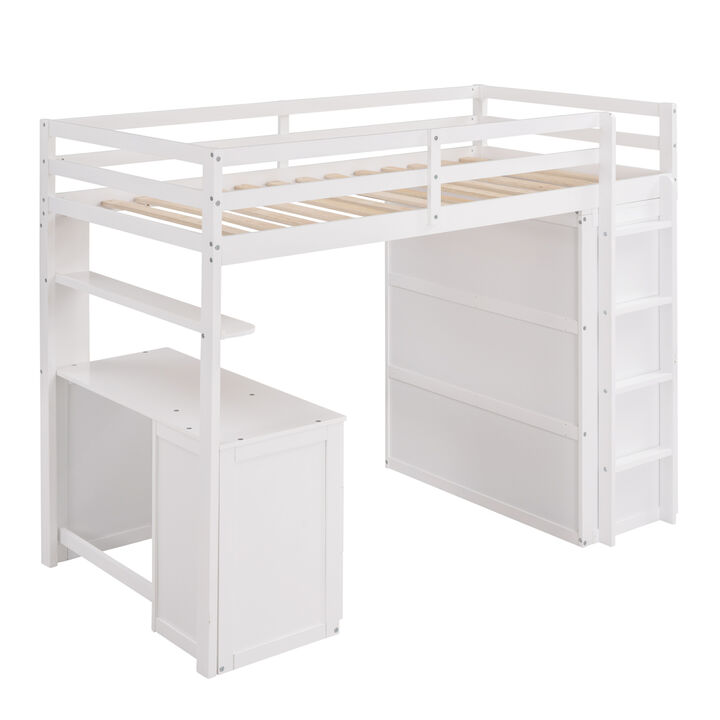 Twin size Loft Bed with Drawers,Desk,and Wardrobe-White