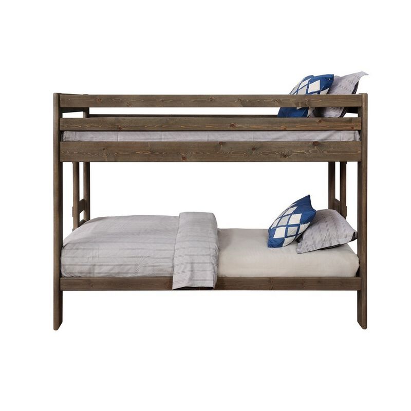 Transitional Style Wooden Twin Over Twin Bunk Bed with Guard Rails, Brown-Benzara image number 3