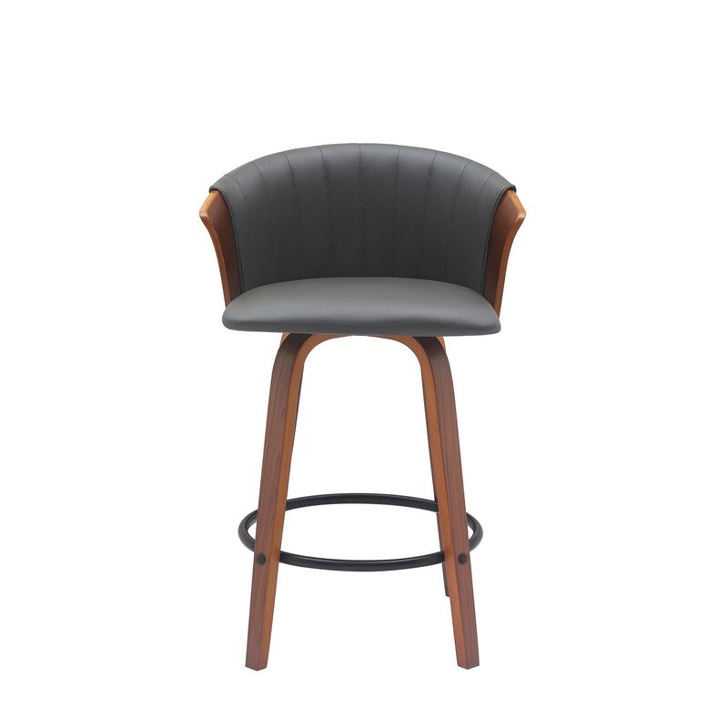 Oja 26 Inch Swivel Counter Stool Chair, Gray Faux Leather, Walnut Brown - Benzara